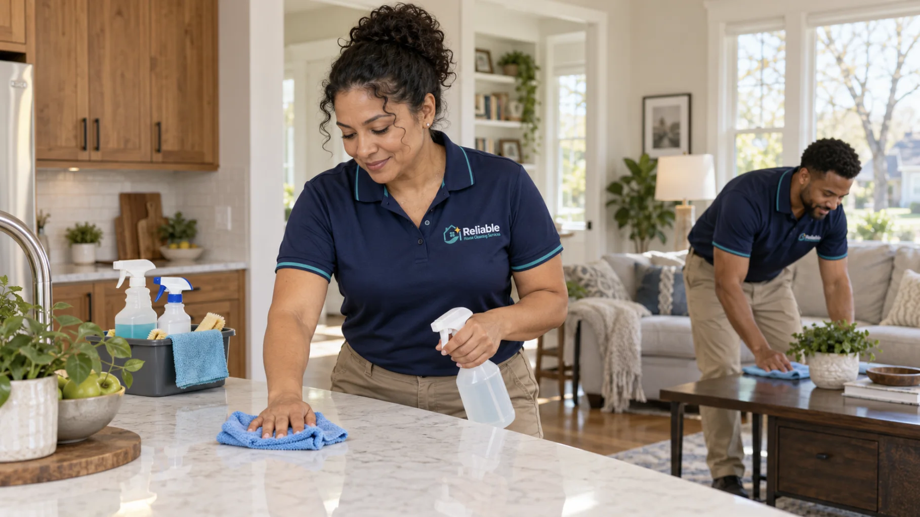 Two professional cleaners working in a bright home
